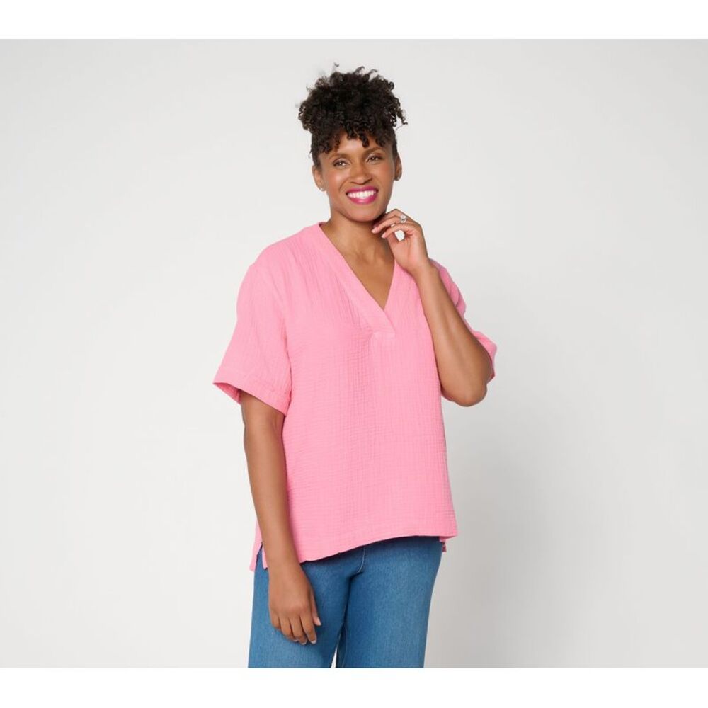 Susan Graver Women's Top Sz XL Cotton Gauze Pullover Pink
